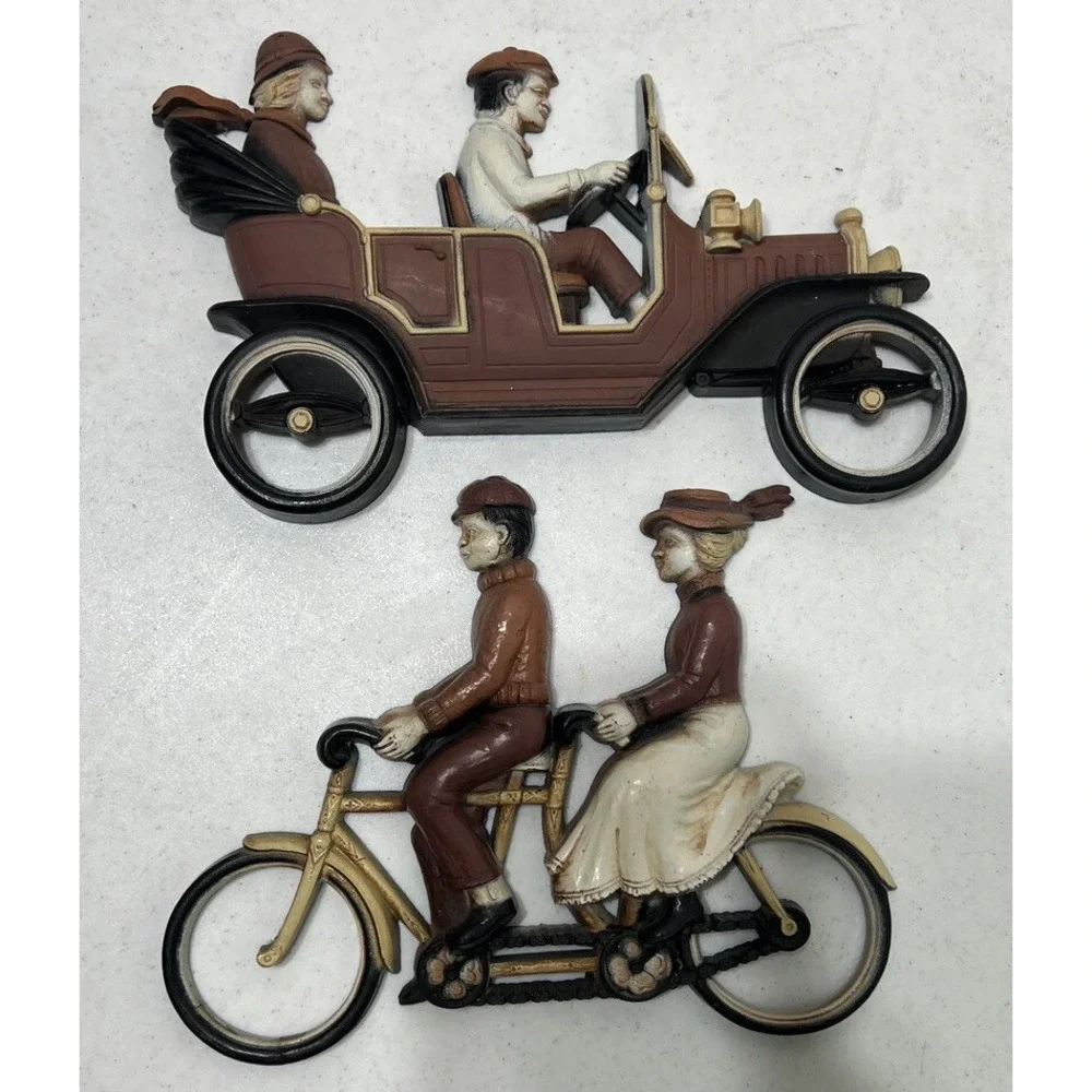 1975 Homco Wall‎ Hanging Plaques Plastic 7359 Automobile 7357 Tandem Bicycle